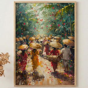 May include: A framed art print depicts a procession of people walking under parasols. The painting features vibrant colors, with figures in red and yellow clothing. The background shows lush greenery and falling petals, creating a sense of movement.