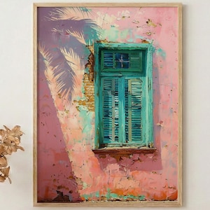 May include: A framed art print featuring a weathered pink wall with a turquoise window and shutters. Palm tree shadows are cast on the wall. The artwork has a rustic, textured appearance, with a wooden frame.