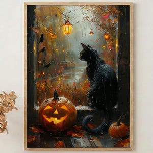 Halloween Window Wall Art, Black Cat Decor — Pumpkin Patch Rainy View