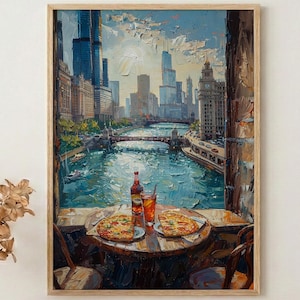 Puede incluir: Pintura al óleo enmarcada que representa un paisaje urbano de Chicago con un río, puentes y rascacielos. Una mesa con pizza y bebidas está en primer plano. La obra de arte tiene un marco de madera y se exhibe en interiores.