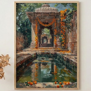 Indian Stepwell Wall Art, Marigold Spring Architecture — Thick Oil Painting Style