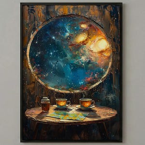 May include: A framed painting depicts a round window revealing a vibrant galaxy scene. Two cups of coffee sit on a wooden table, along with a small jar and a map. The artwork features a dark frame and a textured, colorful style.