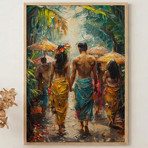 May include: A framed art print depicts a couple walking hand-in-hand, followed by others, in a tropical setting. The painting features vibrant colors, with figures in yellow and blue sarongs, and parasols. The artwork is set in a lush, green environment.