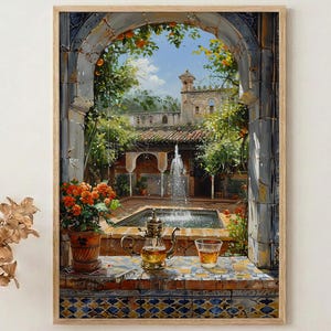 May include: A framed print of a courtyard scene with a fountain, a tea set, and a flower pot. The artwork is viewed through an archway. The scene is painted in warm colors, with a focus on the architecture and the lush greenery.