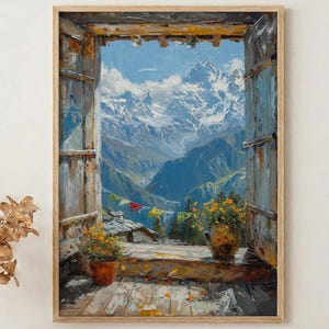 May include: A framed painting depicts a mountain landscape viewed through a wooden window. The artwork features a vibrant blue sky, snow-capped mountains, and a wooden deck with potted flowers. The painting is in a wooden frame.