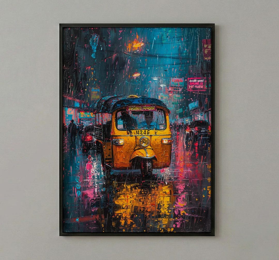 Indian Auto Rickshaw Oil Painting Poster, Tuk Tuk Art Print, Rainy ...