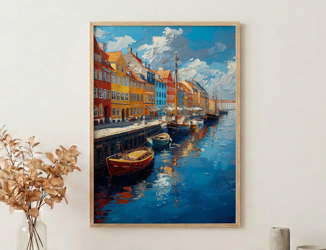 Curated visual reference: Gallery Detail: Copenhagen Wall Art Nyhavn Harbor Print Colorful Houses Impasto Oil
