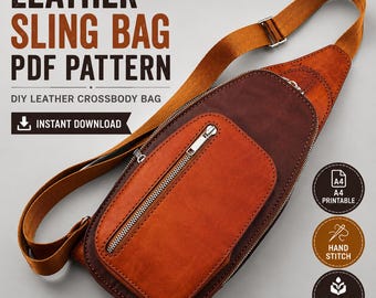 Puede incluir: Un bolso bandolera de cuero marrón con un bolsillo con cremallera y una correa ajustable. El bolso tiene el texto "LEATHER SLING BAG PDF PATTERN" y "DIY LEATHER CROSSBODY BAG". El texto adicional incluye "INSTANT DOWNLOAD", "A4 PRINTABLE", "HAND STITCH" y "BEGINNER FRIENDLY".