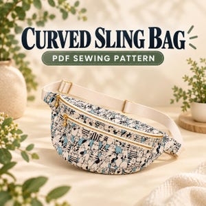 May include: A curved sling bag featuring a white fabric with a repeating pattern of black and blue cats. The bag has gold-tone zips and an adjustable cream-coloured strap. The text CURVED SLING BAG PDF SEWING PATTERN is visible above.