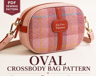 Könnte beinhalten: Eine ovale Umhängetasche mit einem Mittelteil aus rosa-violettem Karostoff, einem vertikalen orangefarbenen Kunstlederstreifen und einem rechteckigen Aufnäher mit der Aufschrift Zai Pro Pattern. Die Tasche hat hellrosa Seiten, goldene Beschläge und einen Schulterriemen.