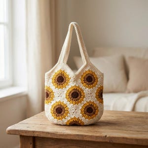 May include: Cream-colored crochet tote bag featuring a sunflower pattern. The bag has a rectangular base and a V-shaped top with two handles. The sunflowers are made with yellow, brown, and cream-colored yarn. The bag is sitting on a wooden table.