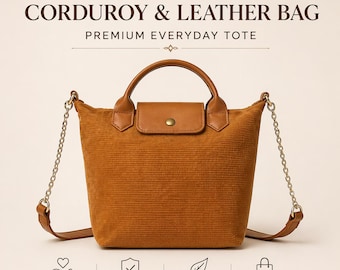 Puede incluir: Un bolso tote de pana y cuero marrón con un asa superior y una correa de cadena desmontable. El bolso tiene un cierre de solapa y el texto "Handmade CORDUROY & LEATHER BAG PREMIUM EVERYDAY TOTE". El bolso está hecho a mano con amor y es ligero y duradero.