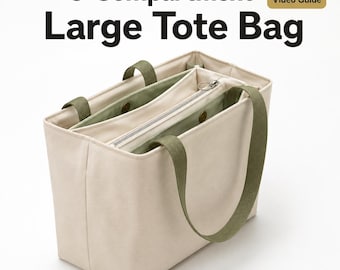 Puede incluir: Un bolso tote grande de cinco compartimentos, con exterior color crema y correas de tela verde oliva. El interior incluye una sección central con cremallera y bolsillos laterales con botones a presión. Texto: 5-Compartment Large Tote Bag PDF + Video Guide.