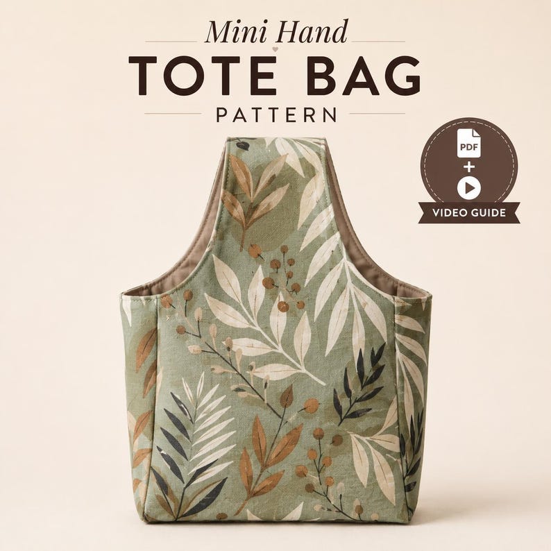 Mini Tote Bag Sewing Pattern PDF, Beginner Small Tote with Built-In Handle, Video Tutorial + Written Guide, Instant Download image 1