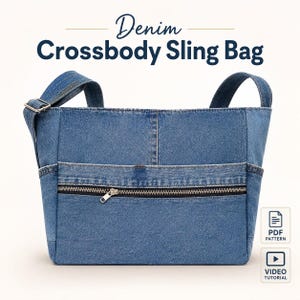 Patrón de costura en PDF para bolso bandolera de mezclilla, bolso bandolera de mezclilla reciclada, bolso bandolera con bolsillo con cremallera para principiantes, videotutorial + guía fotográfica.
