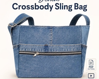 Patrón de costura en PDF para bolso bandolera de mezclilla, bolso bandolera de mezclilla reciclada, bolso bandolera con bolsillo con cremallera para principiantes, videotutorial + guía fotográfica.