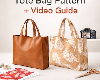 Puede incluir: Se muestran dos bolsas tote, una marrón lisa y la otra con un fondo beige y un estampado de hojas blancas. El texto "Tote Bag Pattern + Video Guide" está en la parte superior. También se ven una cámara, unas tijeras y un patrón de hojas rojas y blancas.