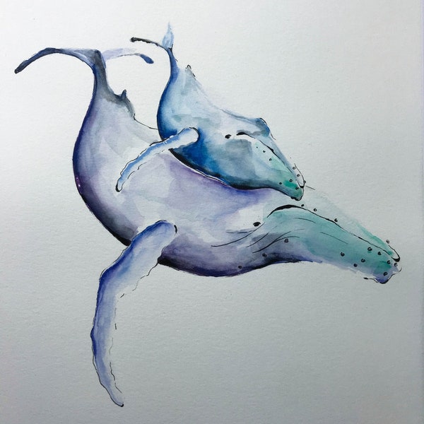 Original Watercolor Painting: Mom and Baby Humpback Whales (May purchase White Mat/Backing Board)
