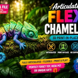 Peut inclure: Un caméléon Flexi articulé et coloré, une conception d'impression 3D en place, est posé sur une branche. Le corps du caméléon passe du vert au bleu, jaune et rose. L'image comprend le texte : "STL File Digital Download."