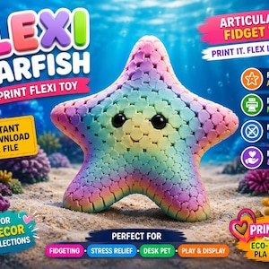 Peut inclure: Un jouet imprimé en 3D Flexi Starfish articulé et coloré. L'étoile de mer est un arc-en-ciel de couleurs et a un visage souriant. L'image comprend le texte "Articulated Fidget Toy" et "Print It. Flex It. Love It!"
