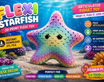 May include: A colorful, articulated Flexi Starfish 3D print toy. The starfish is a rainbow of colors and has a smiling face. The image includes text that says "Articulated Fidget Toy" and "Print It. Flex It. Love It!"