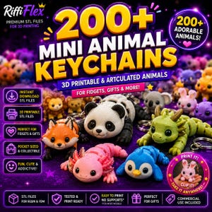 200+ Mini Animal Keychain STL-filer | 3D-utskrivbara Fidget-leksaker (digital nedladdning)