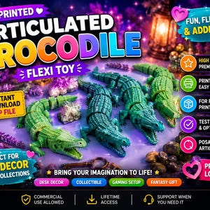 May include: Three green 3D printed articulated crocodile flexi toys with textured scales and open mouths. The image includes text such as 3D PRINTED ARTICULATED CROCODILE FLEXI TOY, INSTANT DOWNLOAD ZIP FILE, FUN, FLEXIBLE & ADDICTIVE, and other labels.
