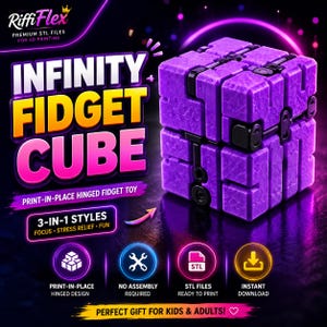 May include: A purple infinity fidget cube with a textured surface and black hinges. The text reads RiffiFlex, Infinity Fidget Cube, Print-in-place hinged fidget toy, 3-in-1 styles, focus, stress relief, fun, print-in-place, no assembly, STL files, instant download.