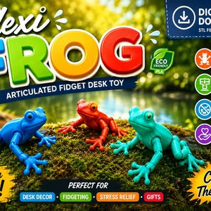 May include: Three articulated Flexi Frog desk toys in blue, red, and teal green, with the word "Flexi Frog" in large, colorful letters. The image includes text that says "Articulated Fidget Desk Toy" and "Collect Them All!"