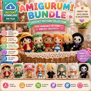 May include: An image displays an Amigurumi Bundle crochet pattern collection. The image features several crochet dolls with various designs, including characters with hats and outfits. The text on the image says "Instant Download PDF Files" and "20+ Adorable Patterns".