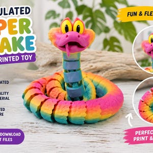 Può includere: Un giocattolo a forma di serpente Viper articolato stampato in 3D, con colori arcobaleno. Il serpente è arrotolato. Il testo sull'immagine dice "Articulated Viper Snake 3D Printed Toy".