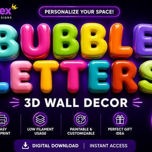 Può includere: Un grafico per il download digitale che presenta il testo BUBBLE LETTERS 3D WALL DECOR in stili di carattere 3D arrotondati, lucidi e colorati. L'immagine include il marchio RiffiFlex, indicatori di file 3MF e icone per la stampa.