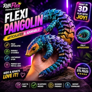 May include: A 3D printed articulated pangolin toy featuring a gradient of blue, purple, and gold scales. The text on the image includes RiffiFlex, Flexi Pangolin, Print in 3D, Play with Joy, Fully Articulated, High Quality STL Files, and Kids & Adults Love It.