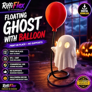 Könnte beinhalten: Eine 3D-gedruckte weiße Geisterfigur, die einen roten Ballon auf einem schwarzen Spiralständer hält. Der Text lautet RiffiFlex Floating Ghost With Balloon, Print-In-Place No Supports, Digital Download, STL + 3MF Files Included, Commercial Use License.
