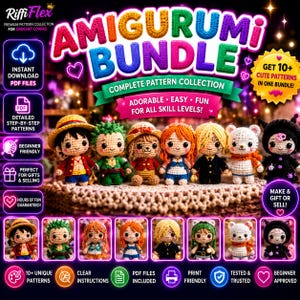 Könnte beinhalten: Eine digitale Sammlung von Häkelanleitungen mit dem Titel Amigurumi Bundle, die zehn kleine, bunte, handgefertigte Puppen zeigt. Das Bild enthält Text wie Instant Download PDF Files, Complete Pattern Collection und Get 10+ Cute Patterns.