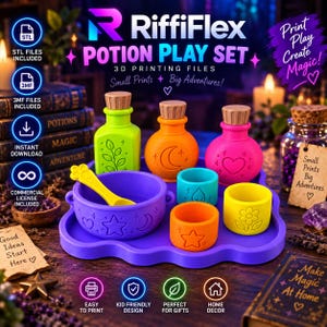May include: A RiffiFlex Potion Play Set 3D printing file collection featuring a purple tray, a purple bowl with a yellow spoon, three colorful bottles with cork stoppers, and three small cups. The items display embossed icons like stars, moons, hearts, flowers, and leaves.