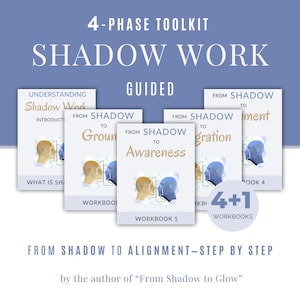 May include: A collection of workbooks titled "Shadow Work" with the text "4-Phase Toolkit" and "Guided." The workbooks feature illustrations of human profiles in various colors. The text "From Shadow to Alignment - Step by Step" is also visible.