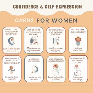 Może przedstawiać: Zestaw ośmiu kart z tekstem "CARDS FOR WOMEN" i słowami "CONFIDENCE & SELF-EXPRESSION". Każda karta zawiera pytanie i afirmację, z ilustracjami kwiatów i postaci, na brzoskwiniowym tle.