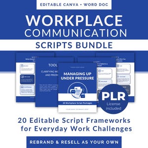 Può includere: Un pacchetto digitale di 20 modelli modificabili per la comunicazione sul posto di lavoro in Canva e Word. I documenti blu e bianchi includono titoli come Managing Up Under Pressure, con una licenza PLR inclusa per il rebranding.