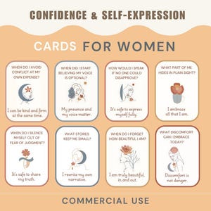 33 tarjetas imprimibles de mensajes y afirmaciones de confianza y autoexpresión para mujeres, estilo bohemio / Plantilla de tarjeta Canva / Uso comercial