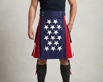 Handmade American Flag Utility Kilt for Men's Patriotic Cargo Pockets Kilt 26" to 62" Size Waist