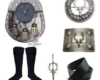 Set Sporran da uomo scozzese antico con testa da palco, set da 6 pezzi, Sporran antico + fibbia + spilla + spilla + cintura + calzini + cinturino a catena
