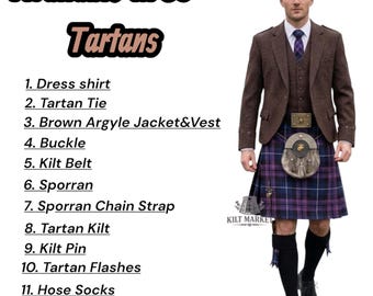 Traje tradicional escocés de tweed marrón con chaqueta y falda escocesa de rombos para hombre. Conjunto completo de 12 piezas para bodas escocesas de estilo vintage. Disponible en más de 60 tartanes.