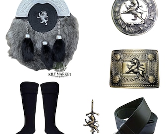 Conjunto de esporran de león celta antiguo escocés para hombre Conjunto de esporran de 6 piezas Sporran antiguo + hebilla + alfiler + broche + cinturón + calcetines de manguera + correa de cadena