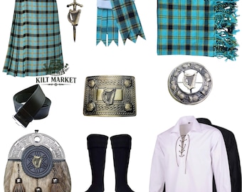 Conjunto de kilt escocés de tartán para hombre con sporran de arpa irlandesa antigua. Conjunto completo de 10 piezas para boda con kilt de tartán. Disponible en más de 60 tartanes.