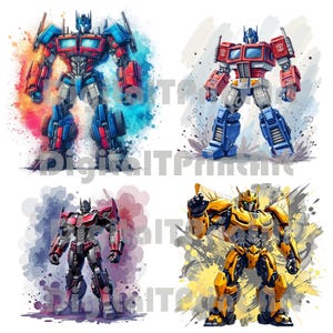 May include: Four colorful illustrations of Transformers robots. The robots are in various poses, with red, blue, and yellow color schemes. Each robot is set against a watercolor-style background with splashes of color.