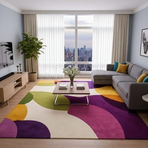May include: A contemporary living room with a vibrant, patterned rug in purple, yellow, green, and cream. A grey corner sofa, wooden coffee table, and a large window overlooking a cityscape are also visible.