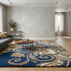 May include: A patterned rug with a blue border and cream central design, featuring floral and swirl motifs. The rug is in a living room with a grey sofa, wooden coffee table, and large windows.