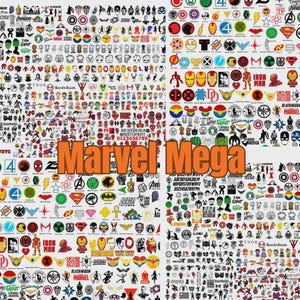 Puede incluir: Un collage de gráficos y logotipos de Marvel, que incluyen personajes y símbolos de varios cómics y películas. La palabra "Marvel Mega" se muestra en letras grandes de color naranja. La imagen está llena de ilustraciones coloridas.