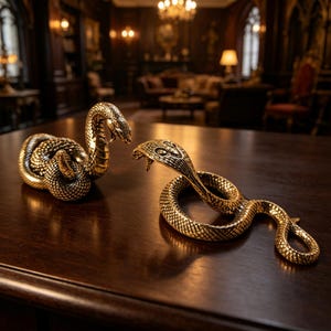 Könnte beinhalten: Zwei goldfarbene Schlangenfiguren aus Metall mit detaillierter Schuppenstruktur. Eine Schlange ist aufgerollt und hat den Kopf erhoben, während die andere flach auf der Oberfläche liegt und den Kopf in einer Angriffshaltung nach vorne streckt.